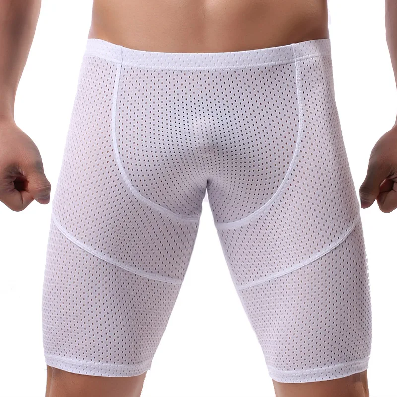 

Mens Long Boxer Shorts Breathable Mesh Sexy Hollow Half-length Boxers Men Long Leg Underpants Male Sculpting Slip Panties