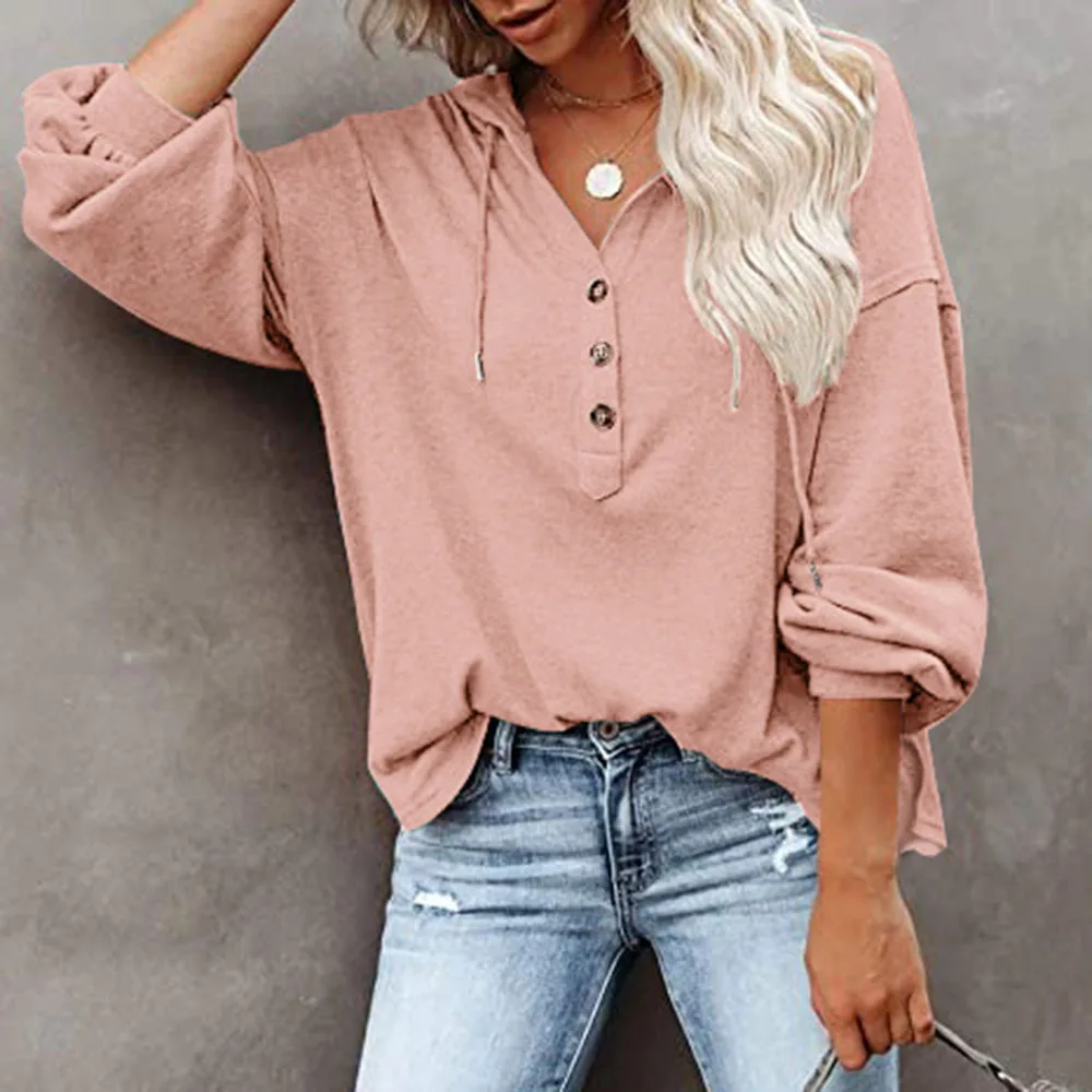 

2021 Women's Winter New Hoodie Casual Fashion Simple Commuter Style Long-sleeved V-neck Button Warm Solid Color Blouse Top