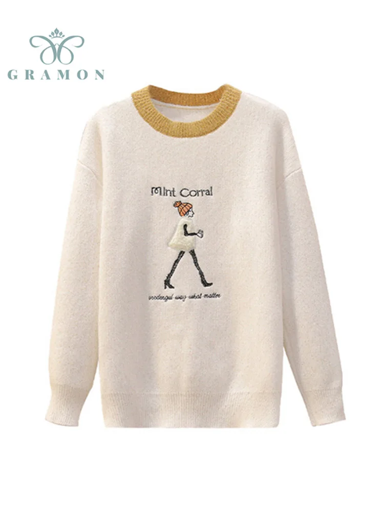 

Свитера с круглым вырезом, зимние теплые пуловеры, модная Женская одежда оверсайз с мультяшным рисунком, вязаный Топ с длинным рукавом, своб...