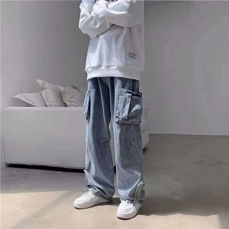 

Baggy Jeans Men Spring-autumn Loose Straight Vintage Wide-leg Pants Male Streetwear Hong-Kong Style Washed Mid-waist Trousers