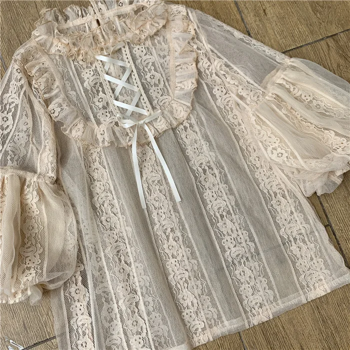Милая блузка принцессы в стиле Лолиты Оригинальная кремовая с нежными