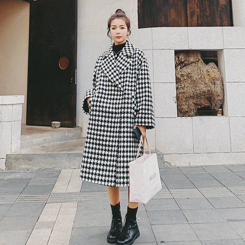 

Autumn Winter 2020 Female Jacket New Fashion All-Match Bird Plaid Women Coat Loose Casual Thickened Warm Woollen Overcoat A86