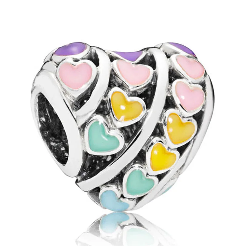 

Fashion Best Mother Rainbow Angelic Feathers Two-Tone Signature Heart Charm 925 Sterling Silver Beads Fit Bracelet DIY Jewelry