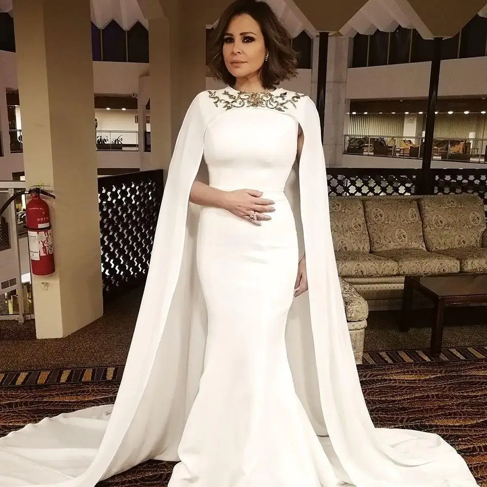 

2020 Arabic Satin Mermaid Evening Dresses with Cape Crystal Beaded Jewel Prom Dress Formal Party Second Reception Gowns