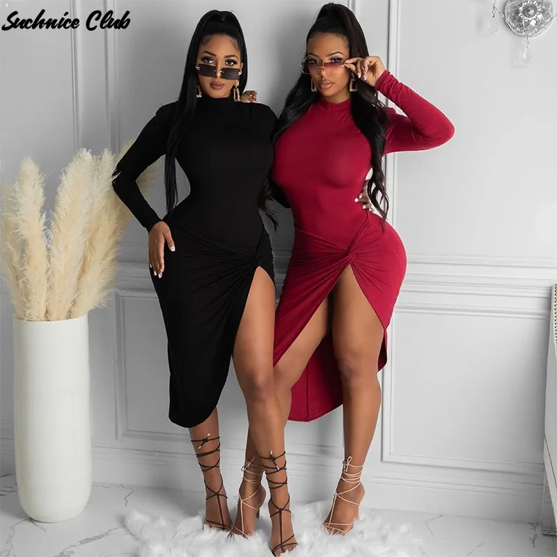 

2021 Spring Women Fashion Sexy Dress Solid Color Turtleneck Long Sleeve Irregular Split Dress