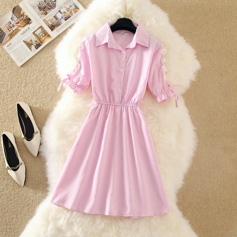 

2021 Striped Women's Dress Long Slim Top Long Sleeve Small Fresh Shirt Summer Ladies Casual Mid-Sleeve A-Line Shirt Dress S-2XL
