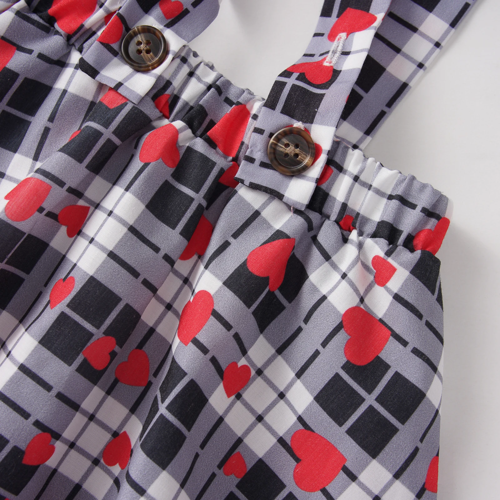 

OPPERIAYA Baby Girls Clothing Set Heart Print Round Neck Tops and Plaid Suspender Skirts 2pc Valentine's Day Suit for Party