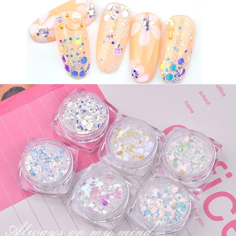 

50g/Bag Nail Sparkly Hexagon Flake 6-Color Iridescence Loose Chunky Mix-Size Flakes Spangle Manicure Glitter Decoration Flakes