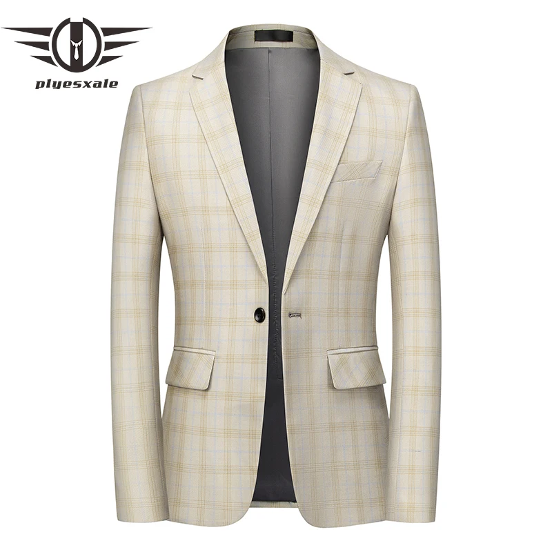 

Plyesxale Brand Big Size Beige Blazer Casual Masculino Chaqueta Formal Hombre Mens Plaid Blazers Business Suit Jacket M-6XL Q799