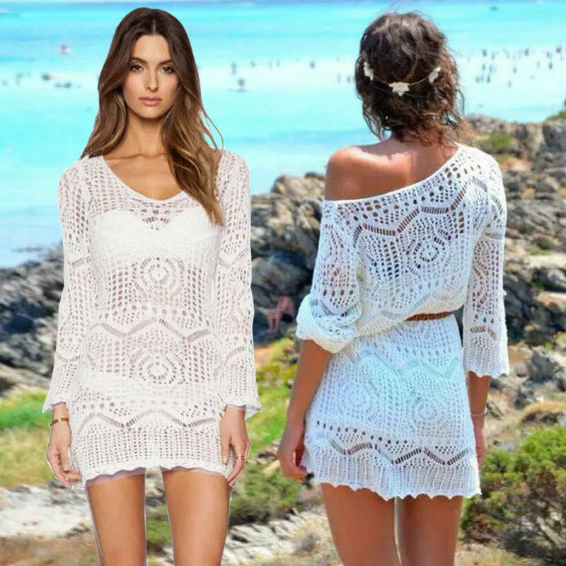 

2020 Women Bathing Suit Lace Crochet Bikini Cover Up Swimwear Summer Beach Dress