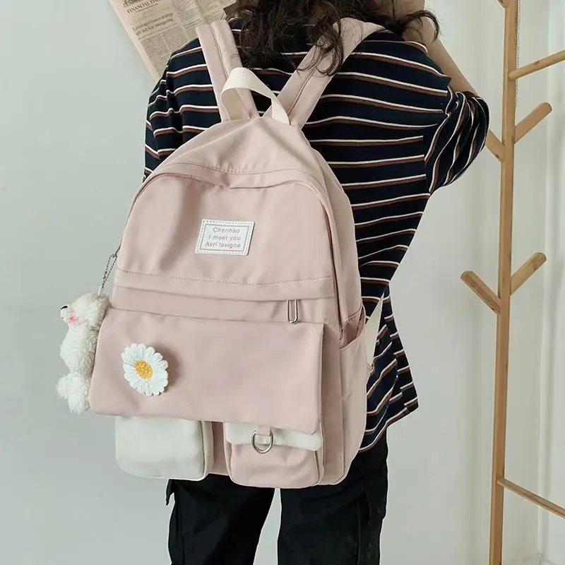

2021 Women Backpack Cute Doll Pendant Nylon Preppy Style WomenS Rucksack College Mochilas Waterproof for Teenage Girls Bagpack
