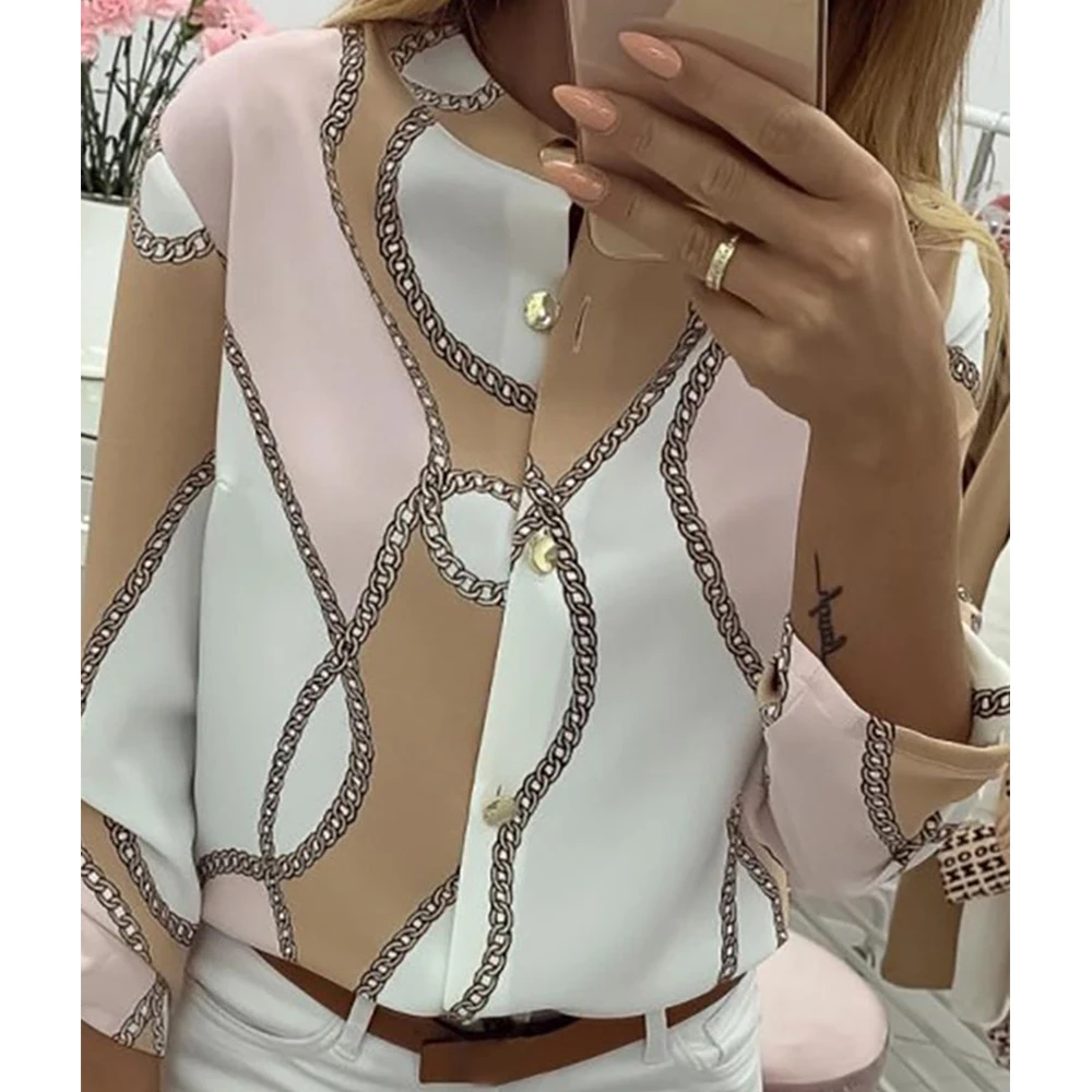 CALOFE 2020 Women Long Sleeve Chains Pineapple Print Button blouse shirts Elegant Leisure Top sexy V-Neck Basic Blusas |
