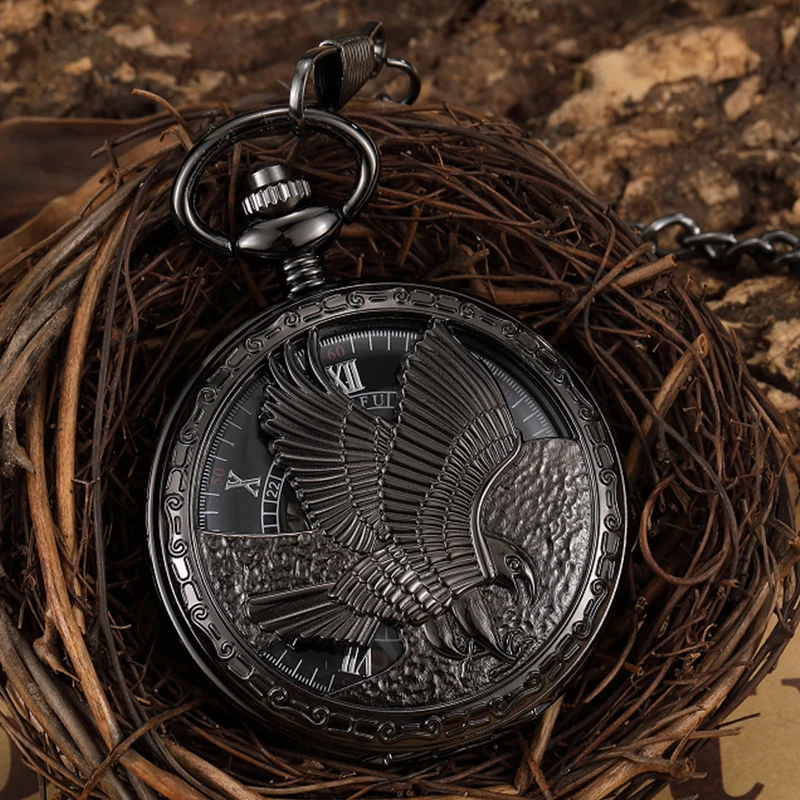Mechanical Pocket Watch Antique Skeleton Dial Fob Chain Full Black Eagle Case Hanging Clock with Gift Box for Men Dropshipping