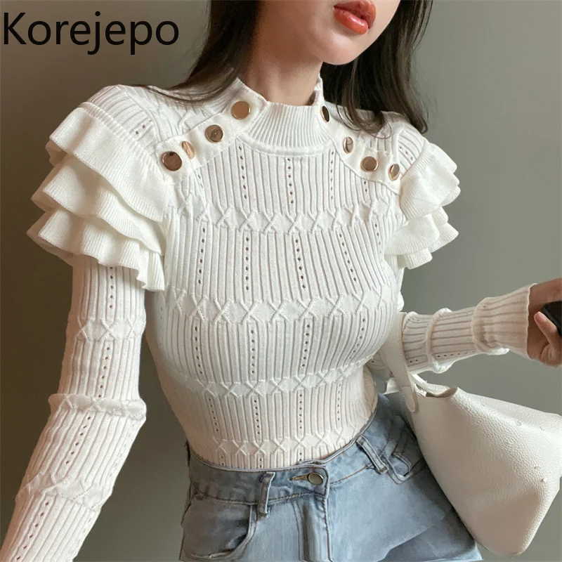 

Korejepo Women Sweater 2021 Early Autumn New Korean Chic Gentle Knitted Half-high-necked Short Thin Long-sleeved Slimming Tops