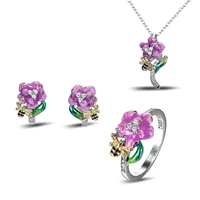 925 new fashion little bee jewelry set color earrings pink flower epoxy diamond pendant necklace engagement ring for women gift