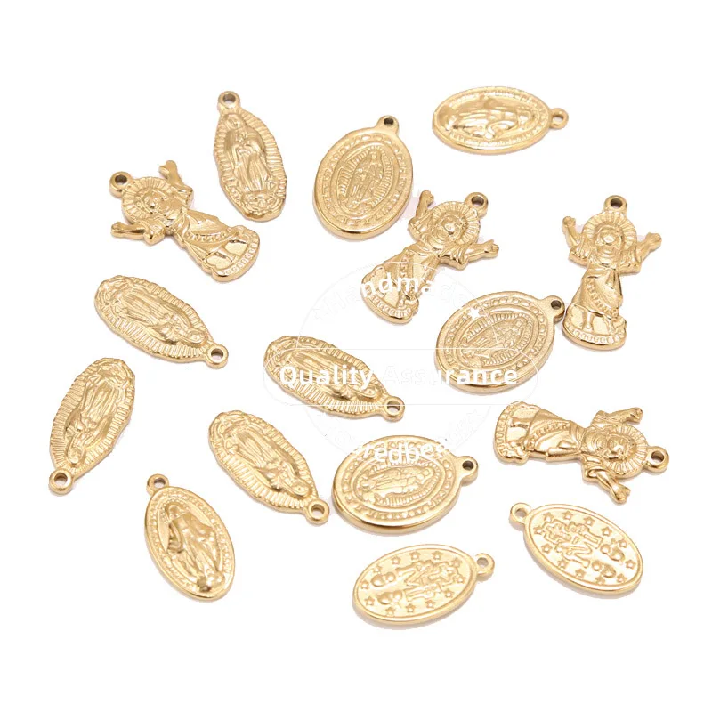 

5pcs/Lot Stainless Steel Gold Maria Medal Pendant Religious Charms for Women Necklace Making Evil Protection Jewelry