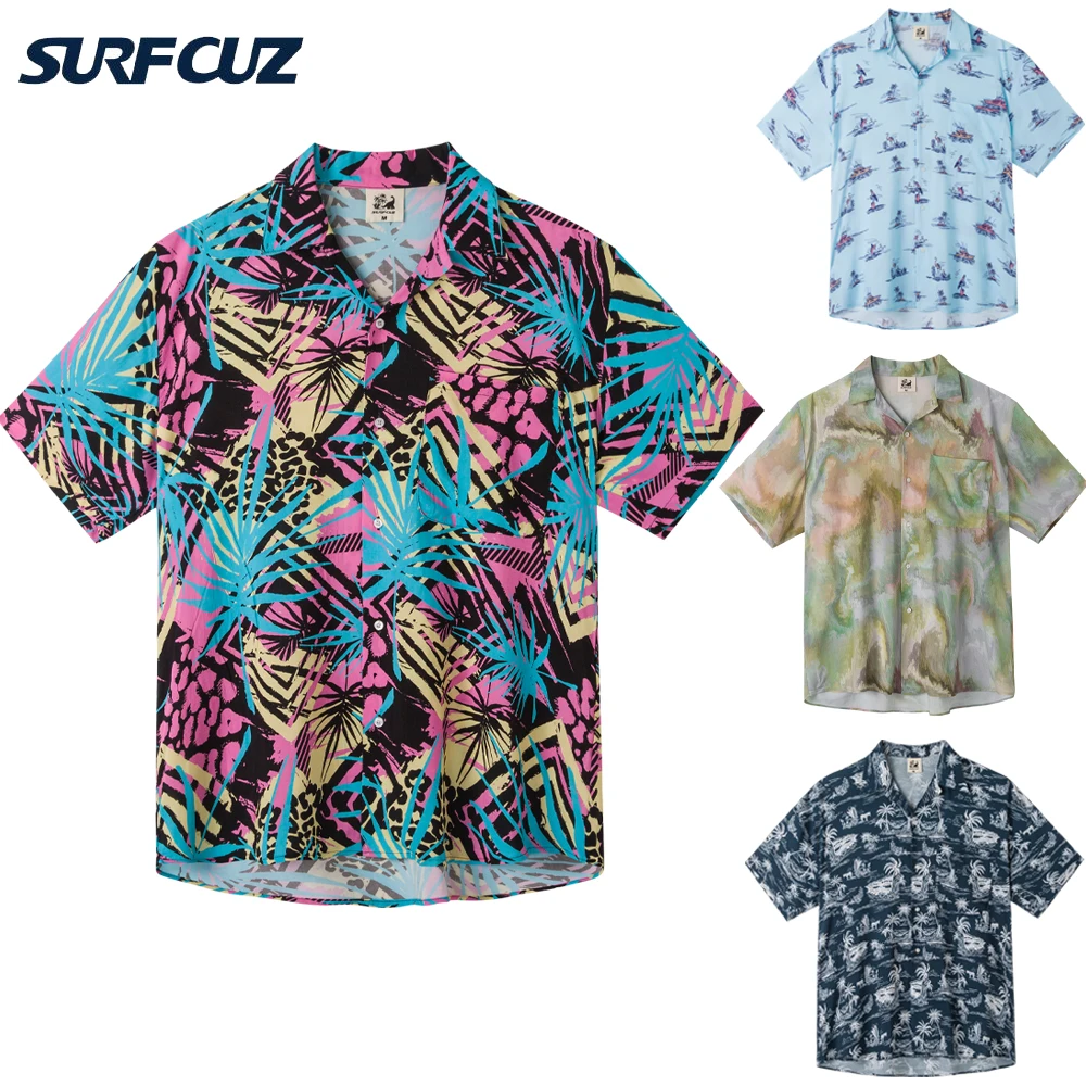 SURFCUZ Hawaiian Shirts For Men Tropical Pink Floral Aloha Shirt Sleeve Floral Loose Oversized Streetwear Men's Beach Shirts