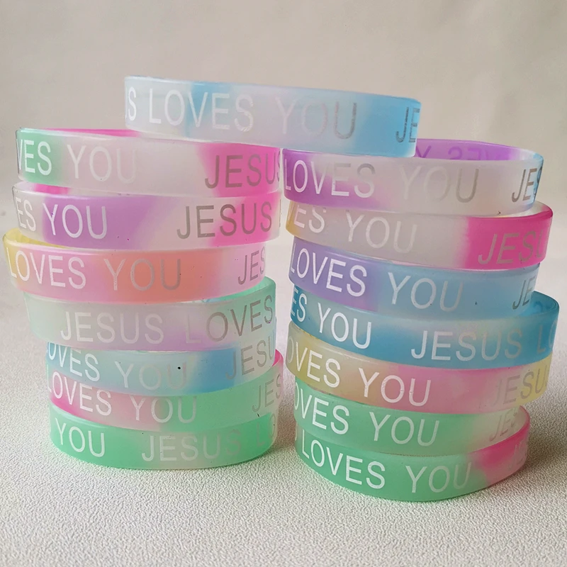 20PCS Lots Jesus Silicone Bracelets Devout Christian Church Prayer Rubber Band Night Glow Mix Color Hand Wristband Brand Jewelri - купить по