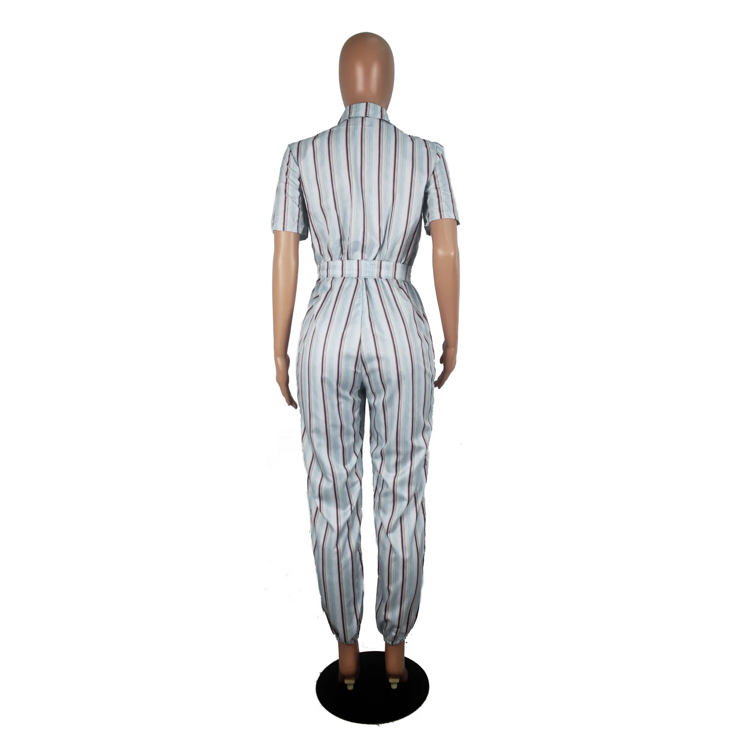 

Women Jumpsuit Striped Buttons Up Sexy Overalls Turn-Down Collar Waist Lace Up Causal Summer Short Sleeve One Piece Playsuit