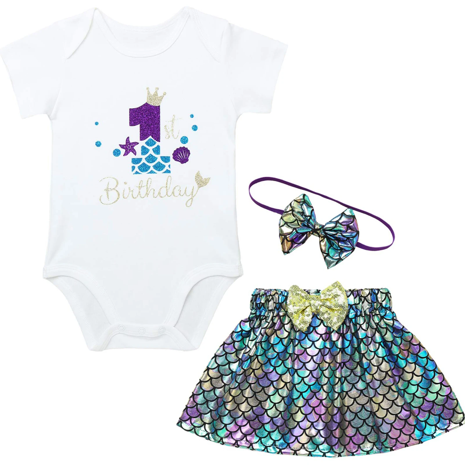 

3Pcs Infant Baby Girls Birthday Clothes Set Short Sleeve Sparkling Pattern Print Romper Sequins Bowknot Front Fish Scales Skirt