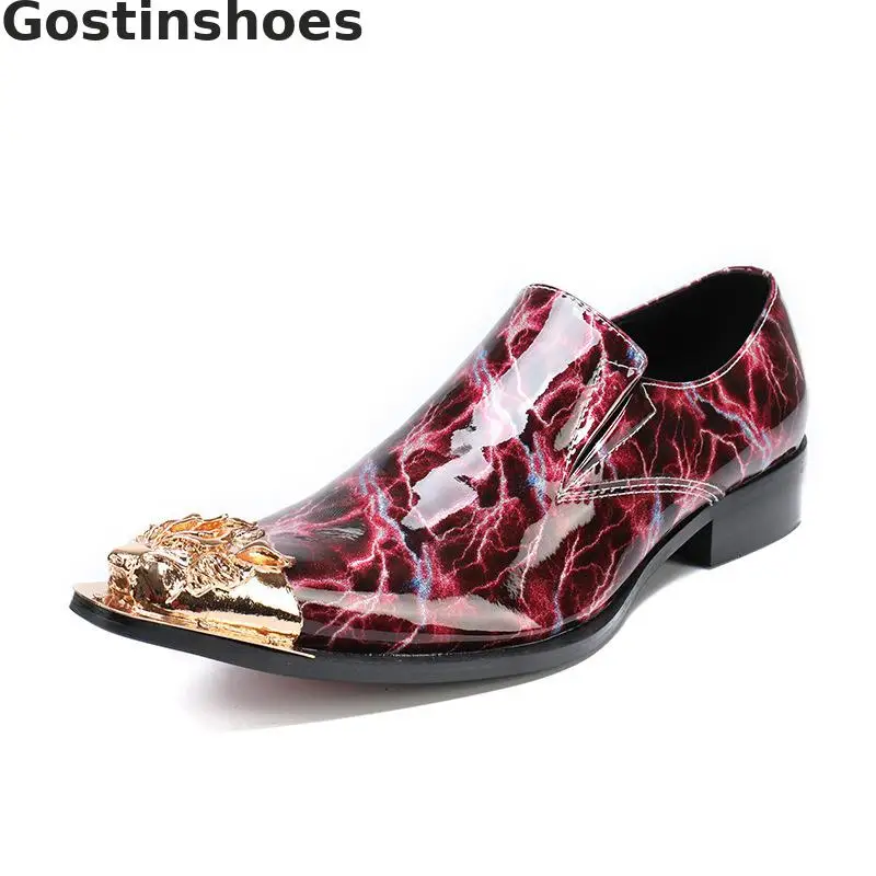Shining Red Genuine Leather Shoes Flash Light Printed Classic Men Fashion Loafers Golden Metal Capped Toe Slip-on | Обувь
