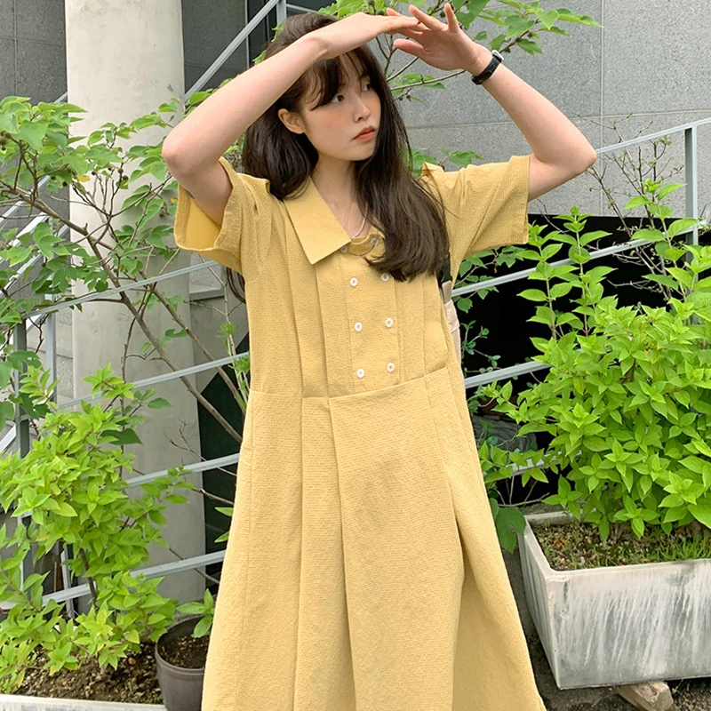 

2021 Summer New Style Retro Vestidos Female Lapel Concave-convex Texture Double-breasted Waist Short-sleeved Midi Dress DK945