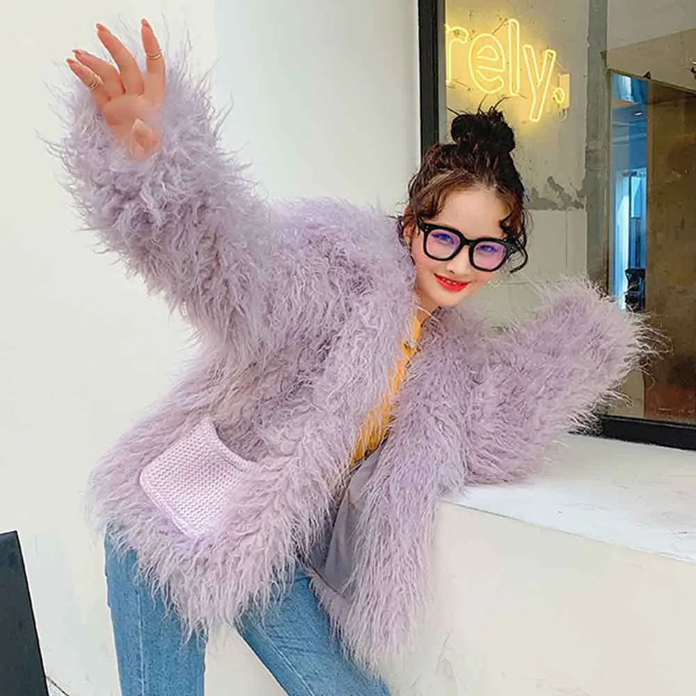 FIRSTTO Stylish Faux Mongolia Sheep Fur Long Hairy Shaggy Big Lapel Outwear Sleeve Knitted Pockets Jackets Coat Top 2 Color | Женская