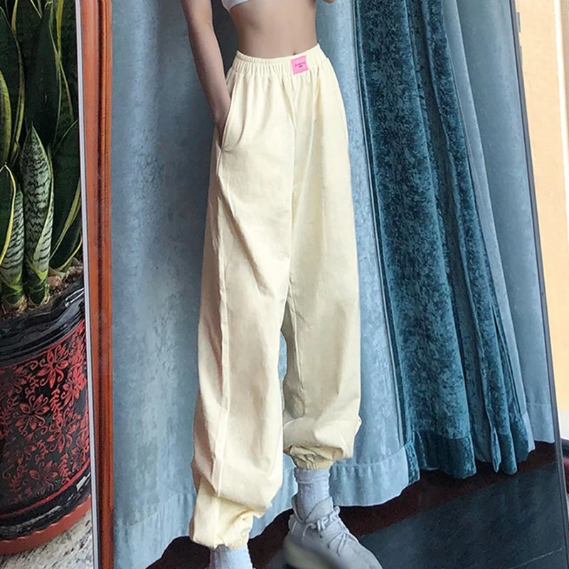 

Women's Solid Color Loose High Waist Thinning Fashion Labeling Drawstring Casual Pants Apricot