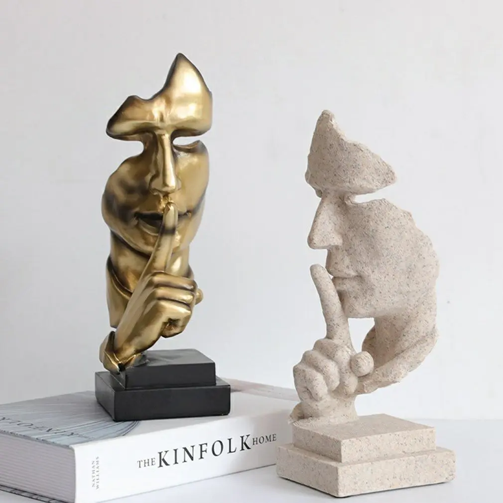 

27cm Resin Silence is Golden Mask Statue Abstract Ornaments Statuettes Sculpture Craft for Office Vintage Home Decoration