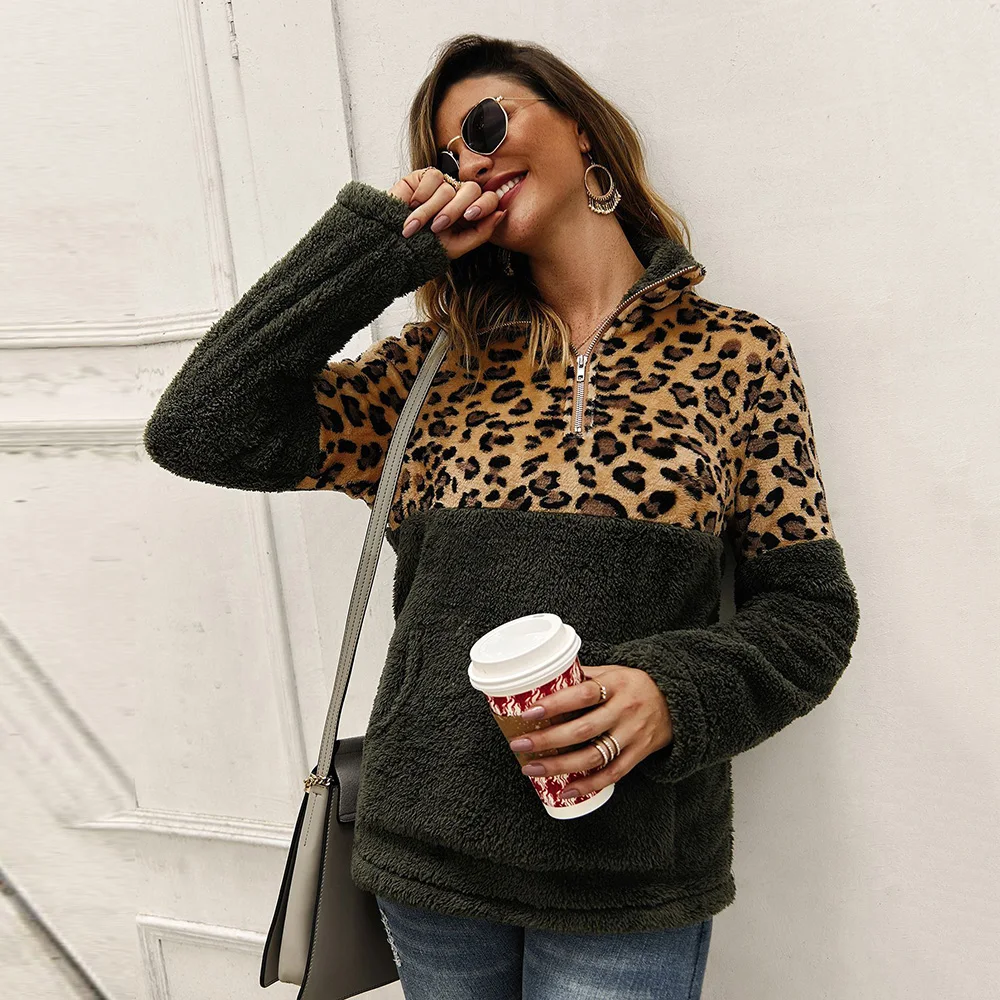 Женские топы пуловер Осень-зима Новый леопардовый на молнии с карманом и высоким