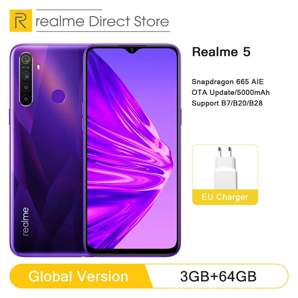 Глобальная версия смартфона realme 5 3 ГБ ОЗУ 64 Гб ПЗУ 6 &quotэкран Snapdragon 665 AIE восемь ядер