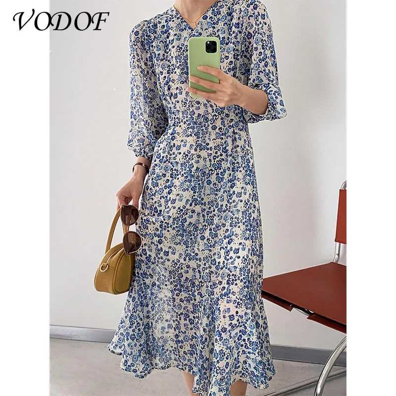 Spring Stand Collar Floral Print Women Dress Lace Up Female Pleated Dress Summer Party Midi Chiffon