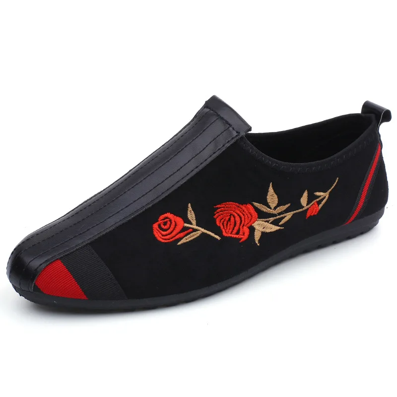 Мужские мокасины с красной вышитой розой лоскутные лоферы из искусственной