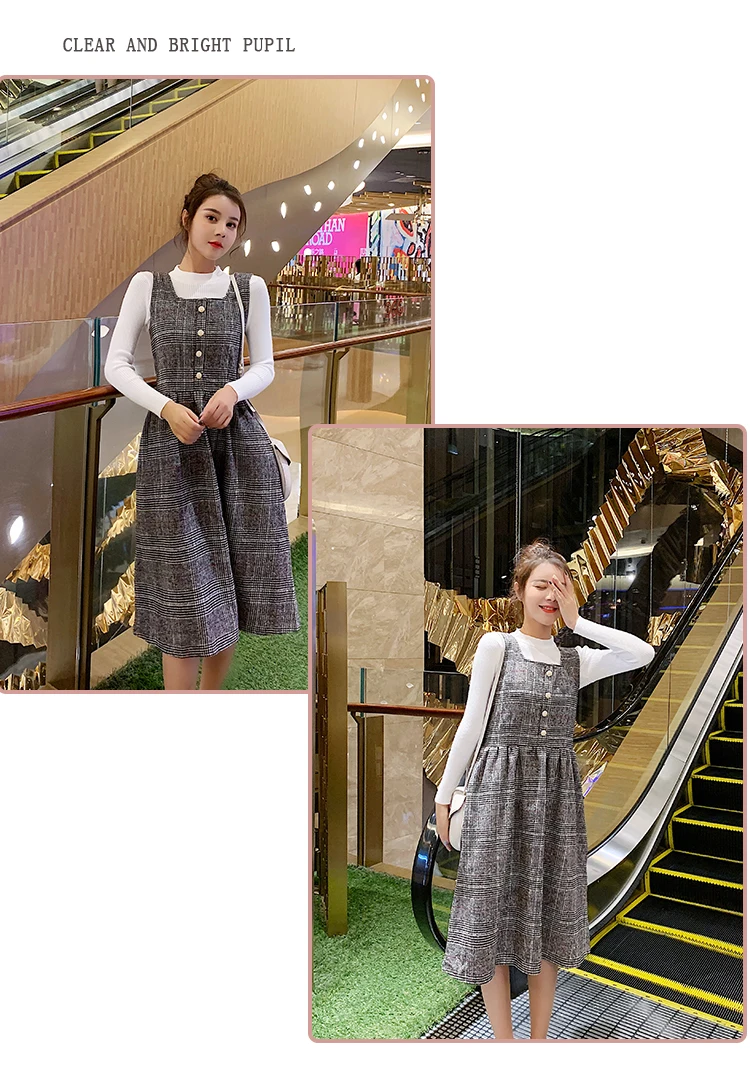 7152# осенне-зимняя корейская мода для беременных платье клетчатое свободное платье на бретелях+ трикотажная рубашка для беременных женщин