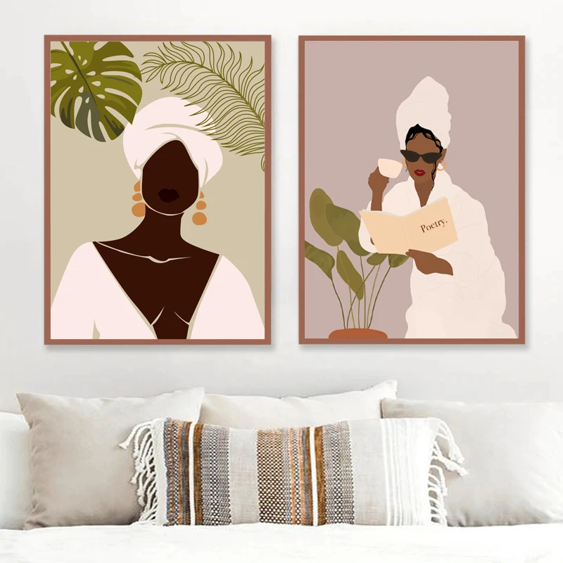 

African American Women Poster Afro Girl Art Prints Boho Wall Art Pictures Nordic Plant Fashion Canvas Painting Living Room Decor