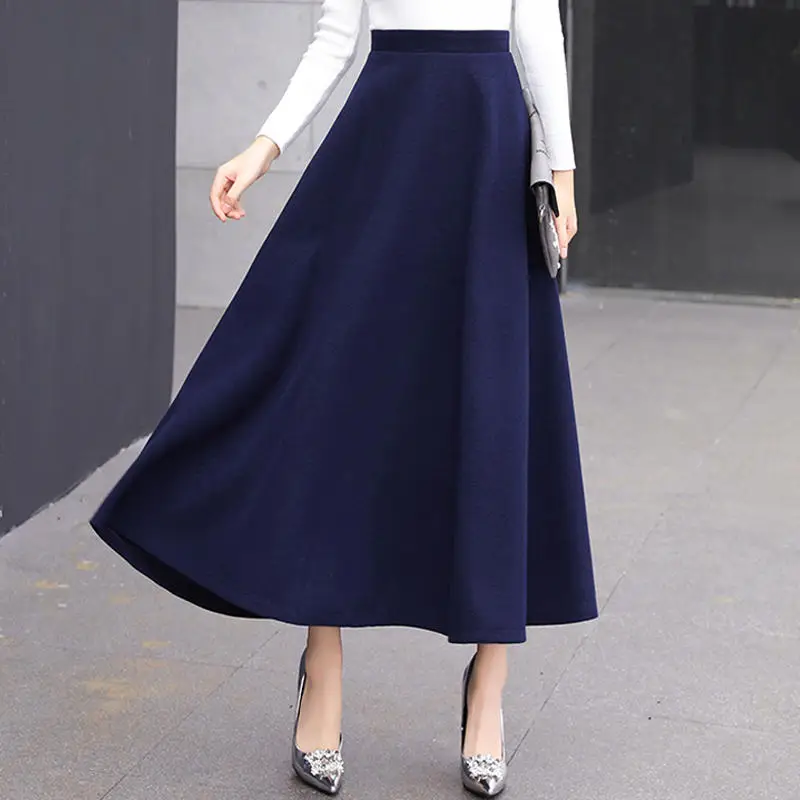 Navy blue Skirt Осенне-зимняя Длинная шерстяная юбка женские юбки Повседневные винтажные юбки с высокой талией Saia теплые плотные свободные трапециевидные юбки для женщин s Q1917 - Цвет: Navy blue Skirt