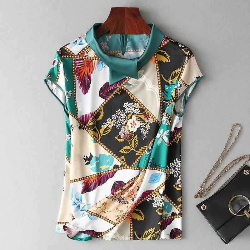 Vintage Style Women Imitate Silk Blouses Shirts Lady Casual Peter Pan Collar Short Sleeve Blusas Tops DF2925 | Женская одежда