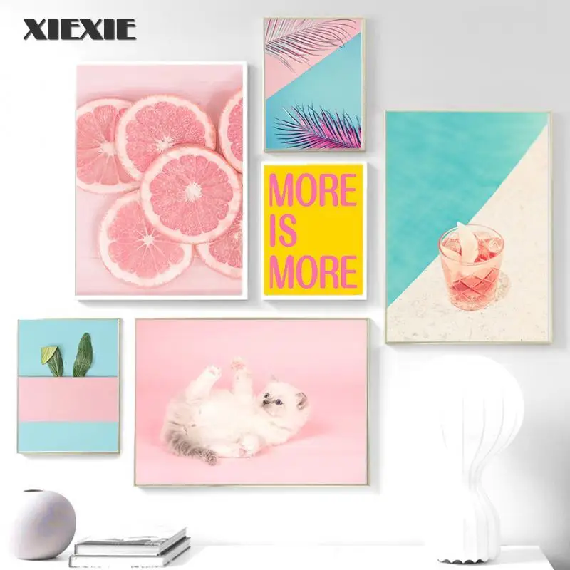 

Flower Grapefruit Cute Cat Leaf Wall Art Canvas Painting Nordic Posters and Prints Beautiful Wall Pictures for Living Room Decor