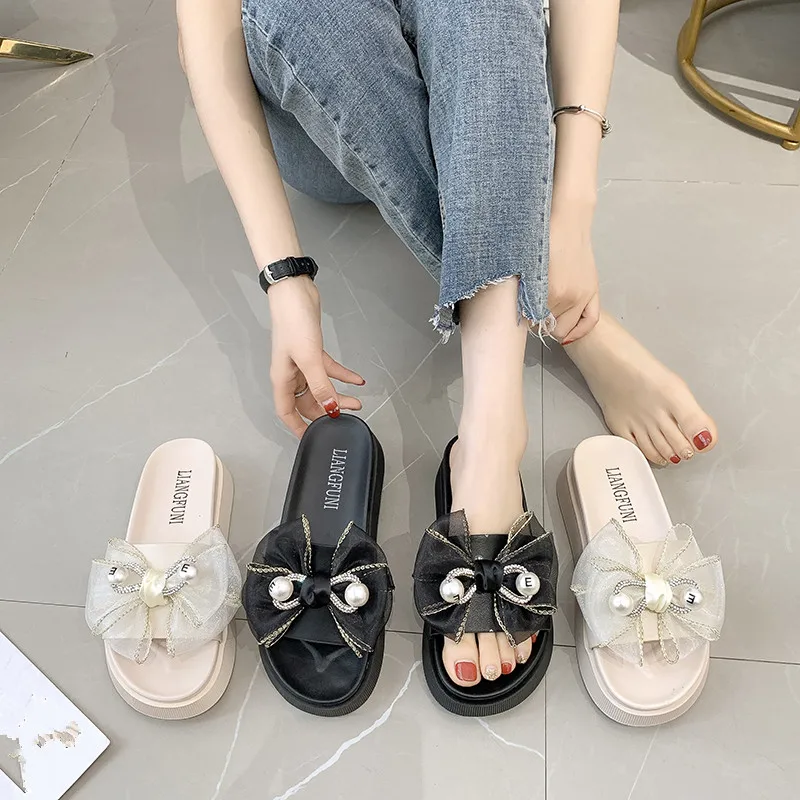 

Med Slippers Soft Flat Shoes Female Luxury Slides Butterfly-Knot Slipers Women Platform Comfort Designer 2021 Summer Bonded Leat