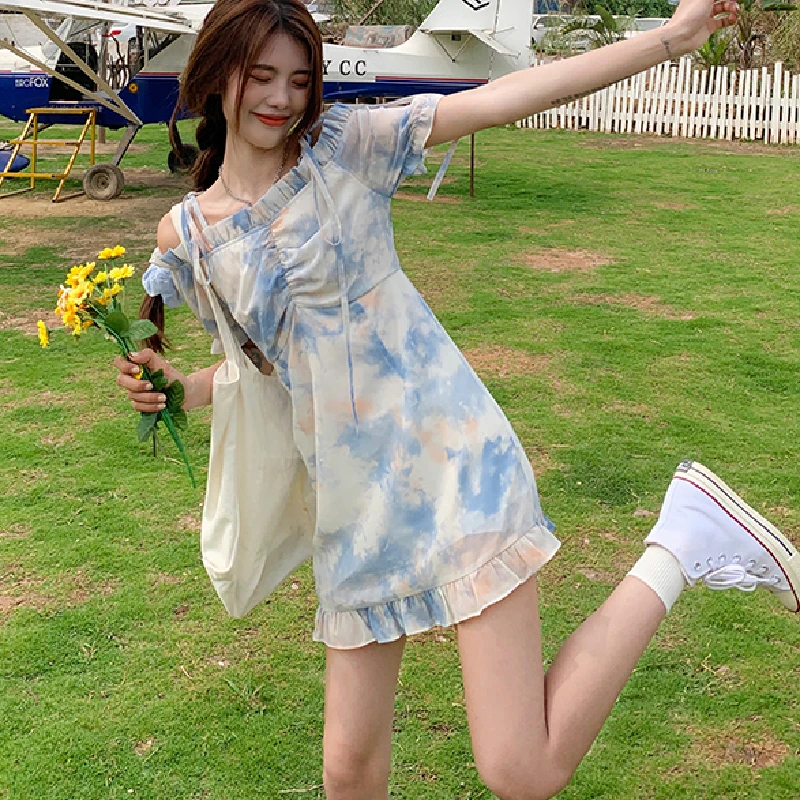 Chic Bandage Elegant Summer Dresses Female One Shoulder Beach One Piece Dresses Korean 2021 Summer Women Vingate Floral Dress