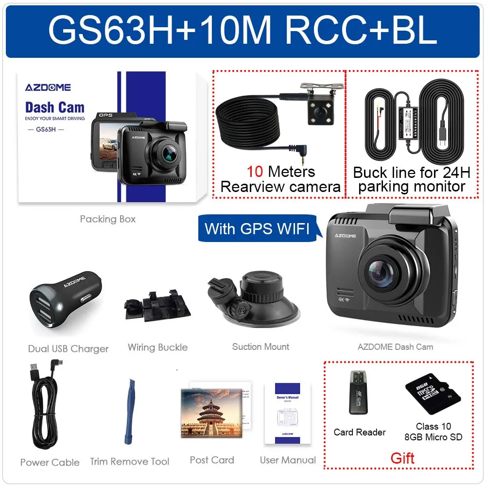 AZDOME GS63H 4K Встроенный gps WiFi Автомобильный видеорегистратор DashCam для транспорта, с двумя объективами 6/10 метров камера заднего вида видеокамера ночного видения - Название цвета: GS63H-10M RCC-BL