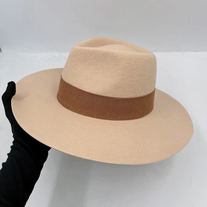 

202012-nao-khaki autumn winter classic solid wool felt lady fedoras cap men women leisure panama jazz hat