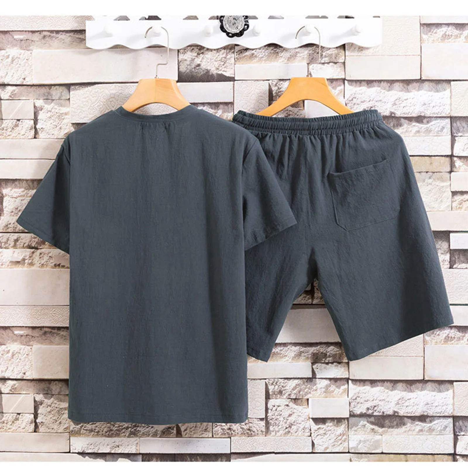 

Men's Summer V-neck Button Simple Cotton Linen Solid Color Pure Cotton Short-sleeved Shorts Suit Daily, Business, Wedding, Party