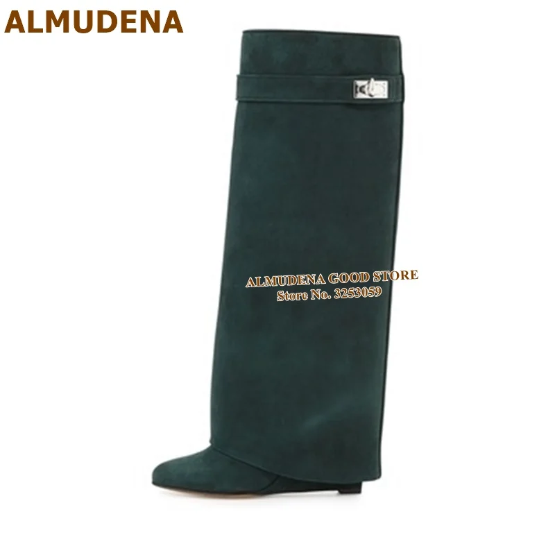 dark green suede ALMUDENA/Новые высокие сапоги до колена из замши телесного цвета с замком в виде акулы высокие сапоги на танкетке с металлическим украшением Прямая поставка - Цвет: dark green suede