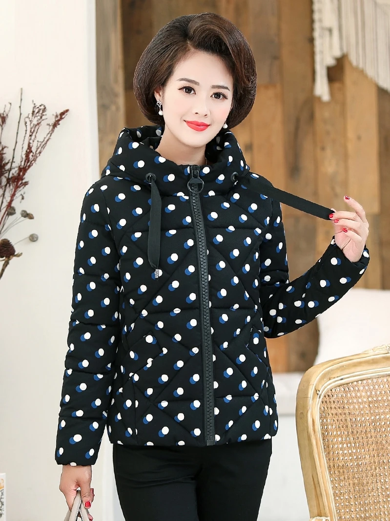 Women's Pikes dot hooded mother winter coat temperament down cotton padded middle and old aged cotton women's winter jacket