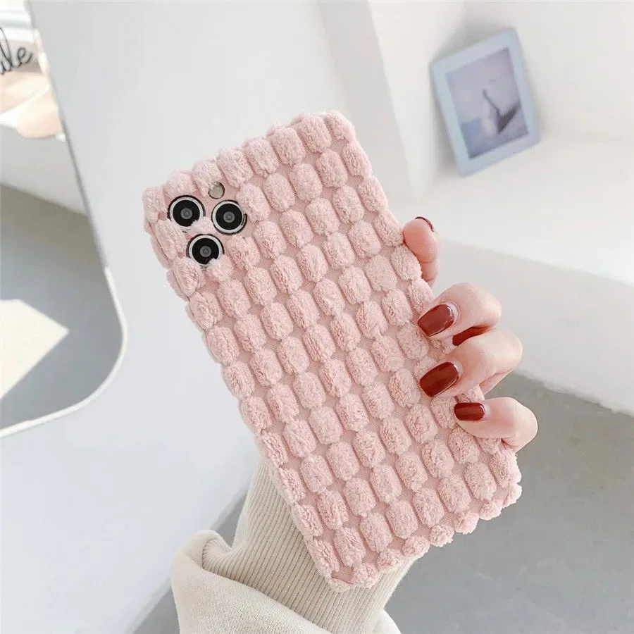 

Winter Candy Color Stripe Plush Phone Case for iPhone 12 11 Pro Max 7 8 Plus Xs Max Xr Case Warm Plush Furry Fabric Cover
