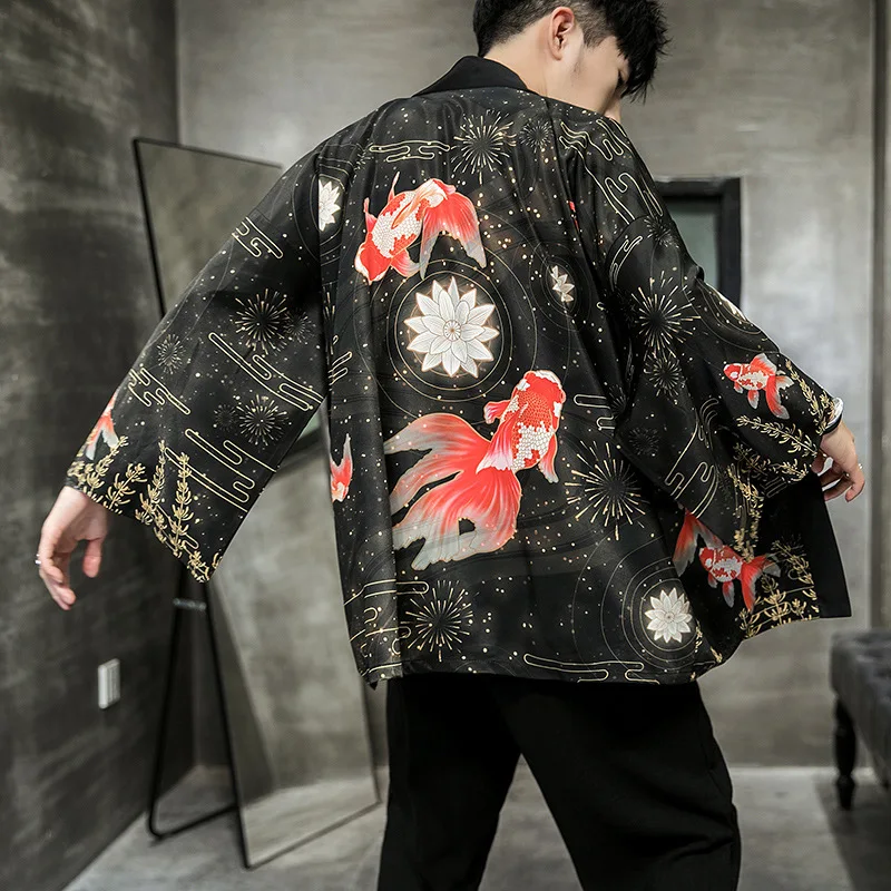 

Retro Japanese Kimono Cardigan Chinese Hanfu Cardigan Men's Thin Top Coat Plus Size Rayon Print Goldfish Robe Sunscreen Cloak