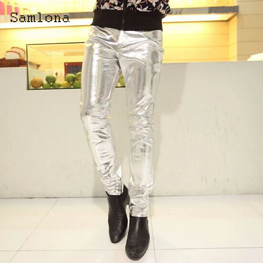 Samlona Men PU Leather Pants Punk Style Male Sexy Fashion Sequined Trousers Faux Leather Skinny Pencil Pants Mens Clothing 2021 images - 6