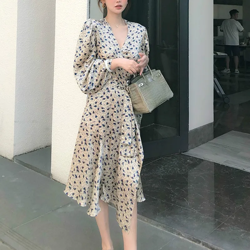 

Casual Floral Dress Women Elegant Retro Designer Praty Dress Irregular Office Lady Korean One-piece Dress 2021 Women's Autumn