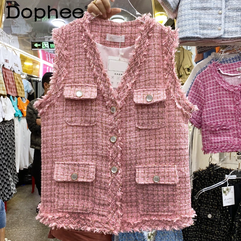 

Женский твидовый жилет с V-образным вырезом, элегантный твидовый клетчатый жилет с потертостями, весна-осень 2021